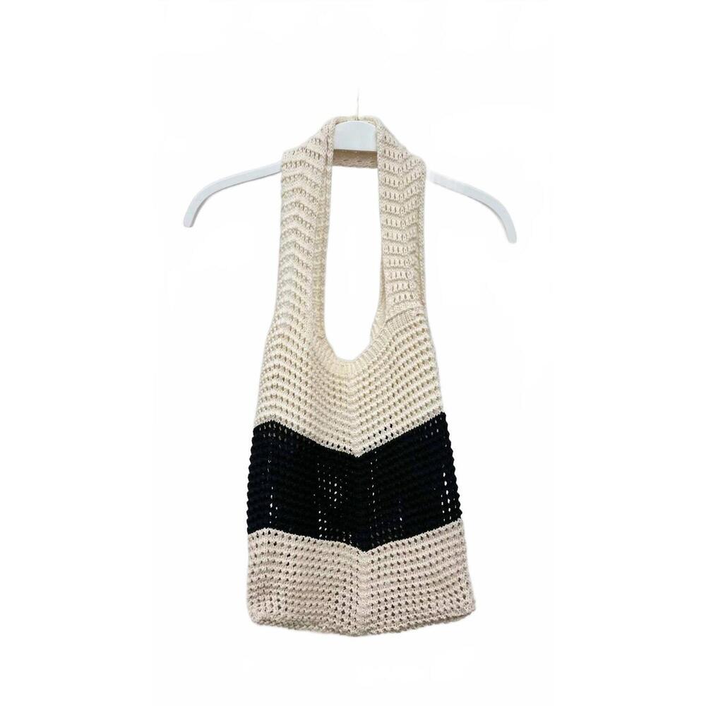 NEW MILIO MILANO women's colorblock knit crochet beach bag in black beige
